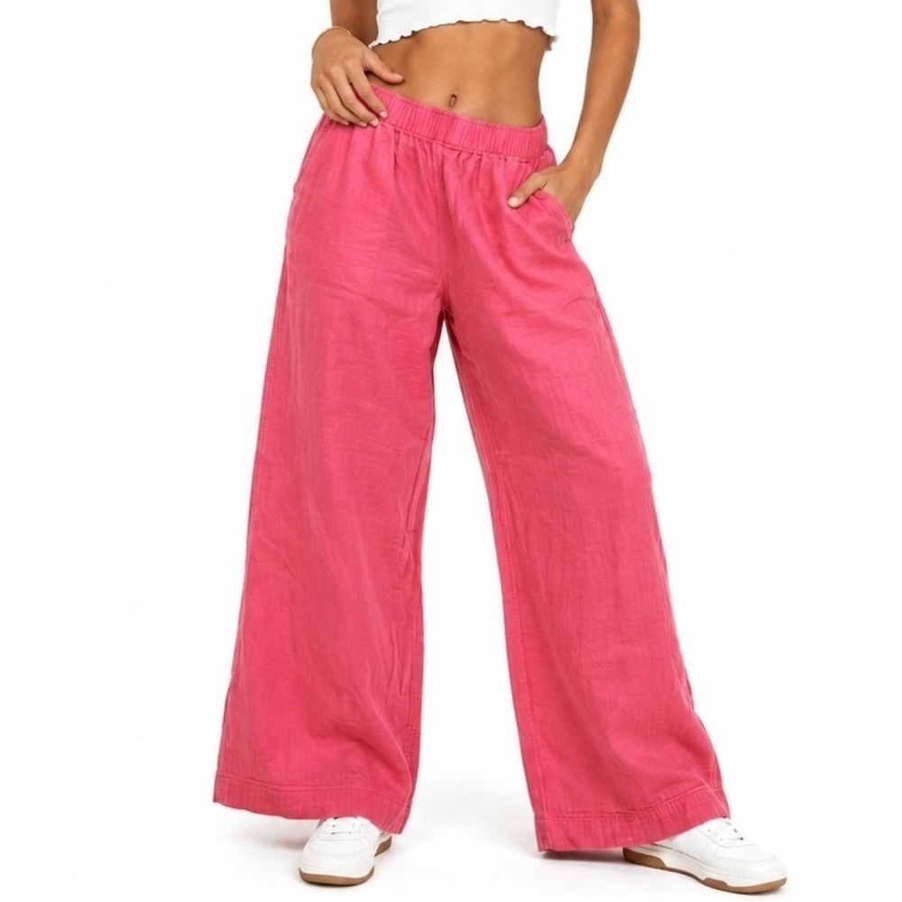 Old Navy Women M Coral Salmon Cotton Gauze Wide Leg Pant Elastic Waist High Rise